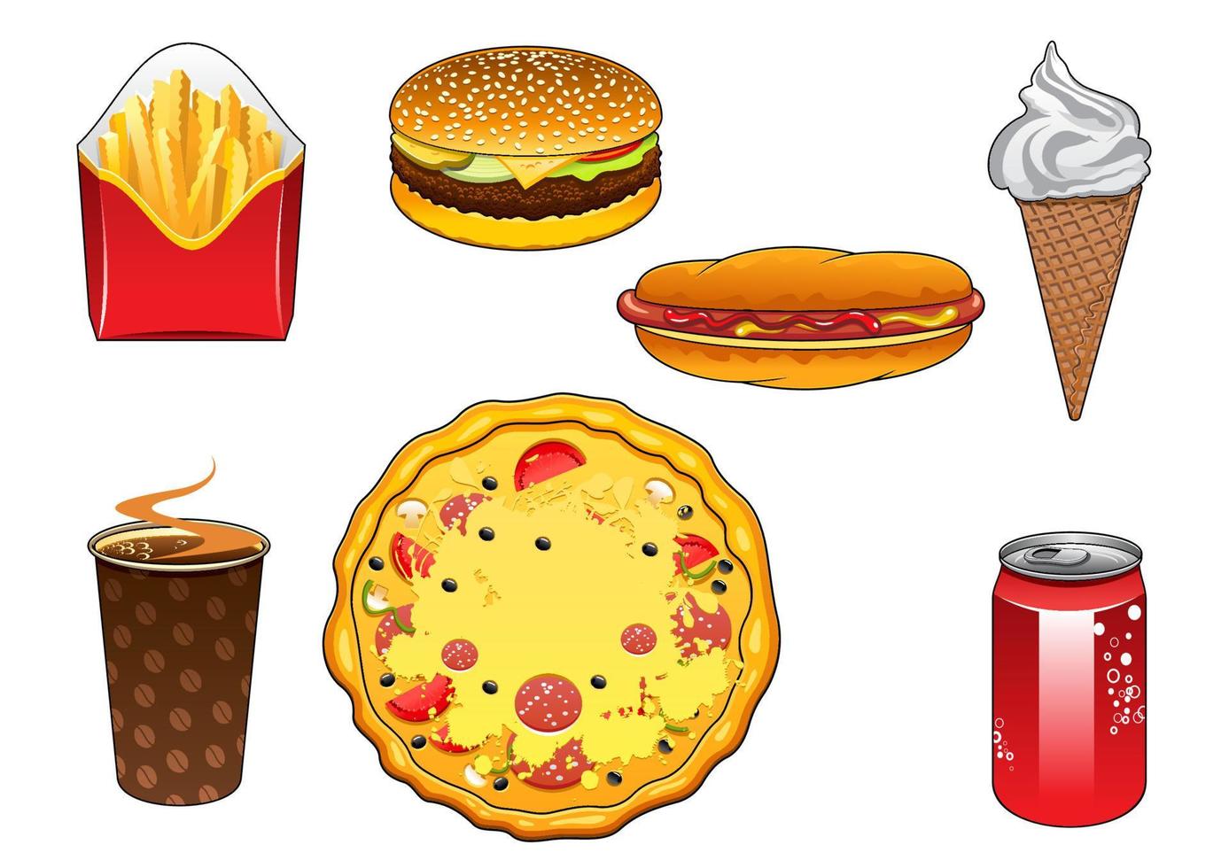 Fast food snacks, soda can and ice cream vector