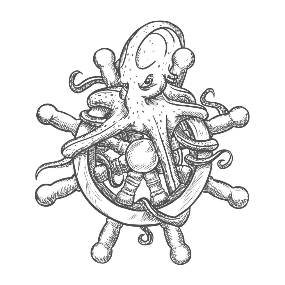 Angry octopus on ship helm sketch symbol vector