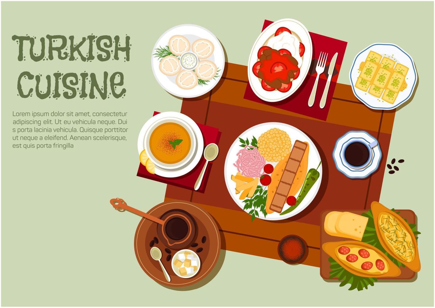 Turkish kebab, coffee and pastries flat icon vector