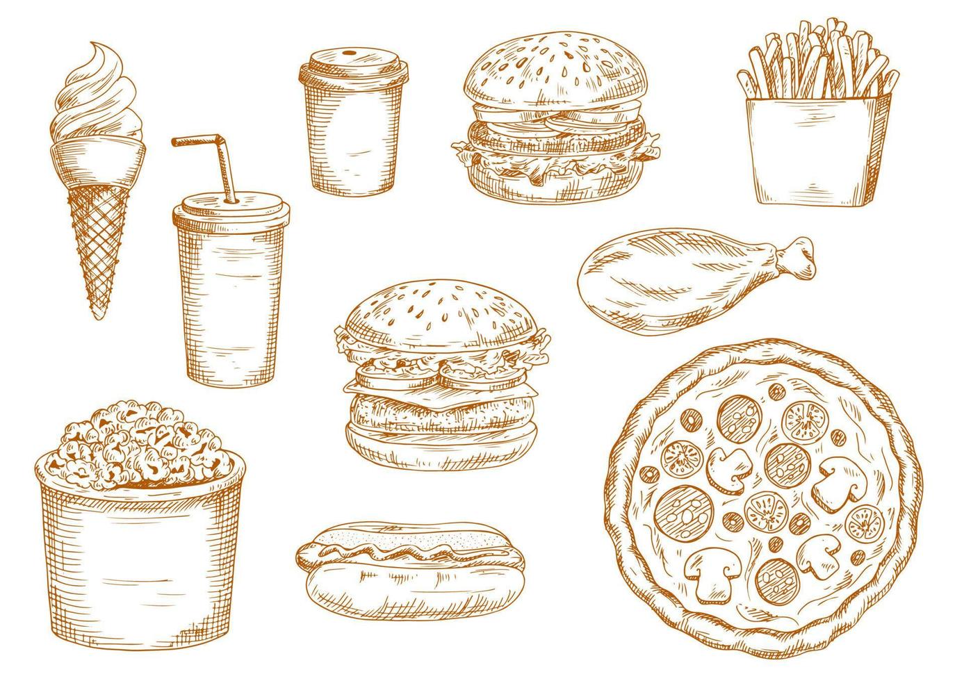 Sketches of fast food and drinks vector