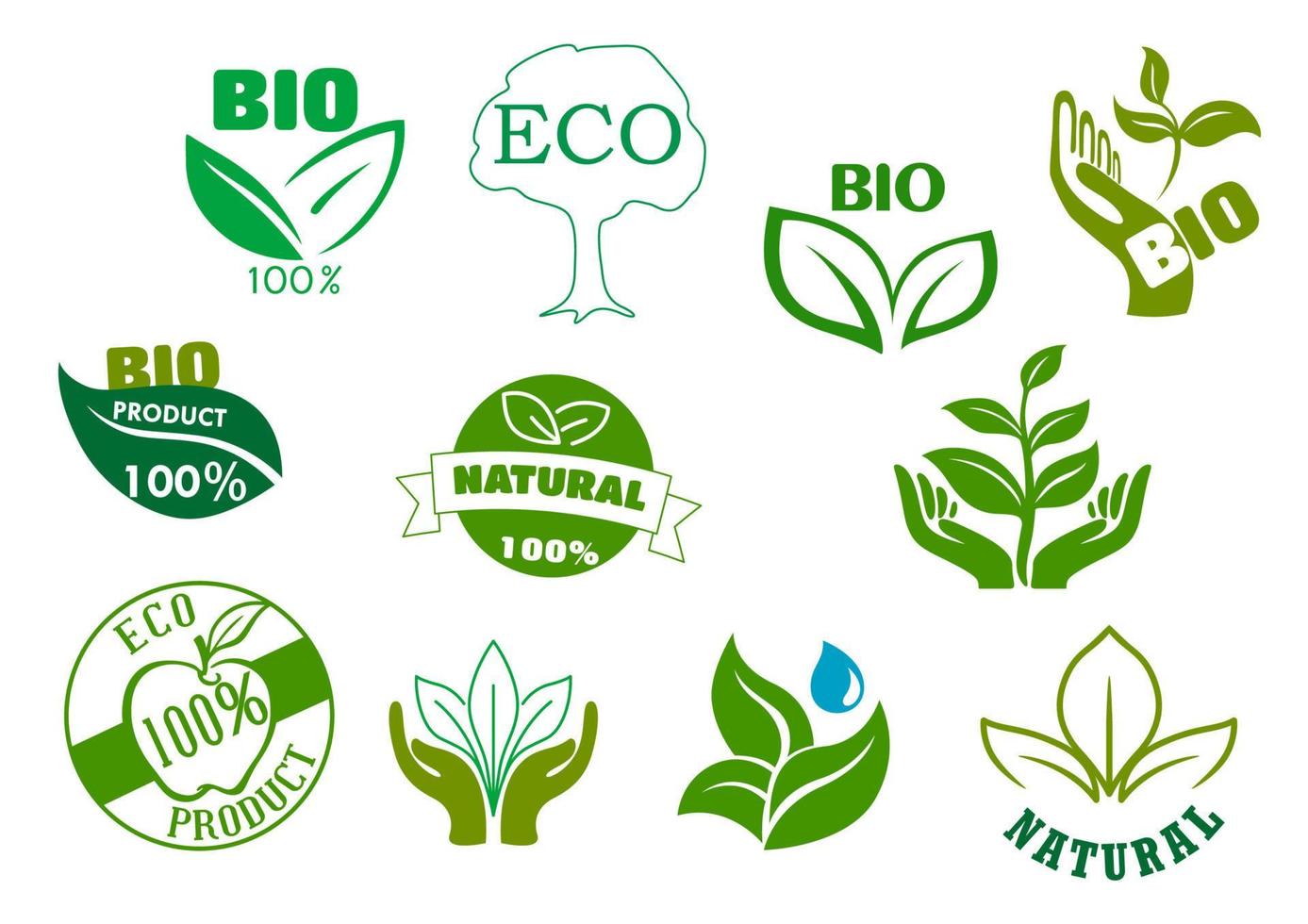Bio, eco and natural products green symbols vector