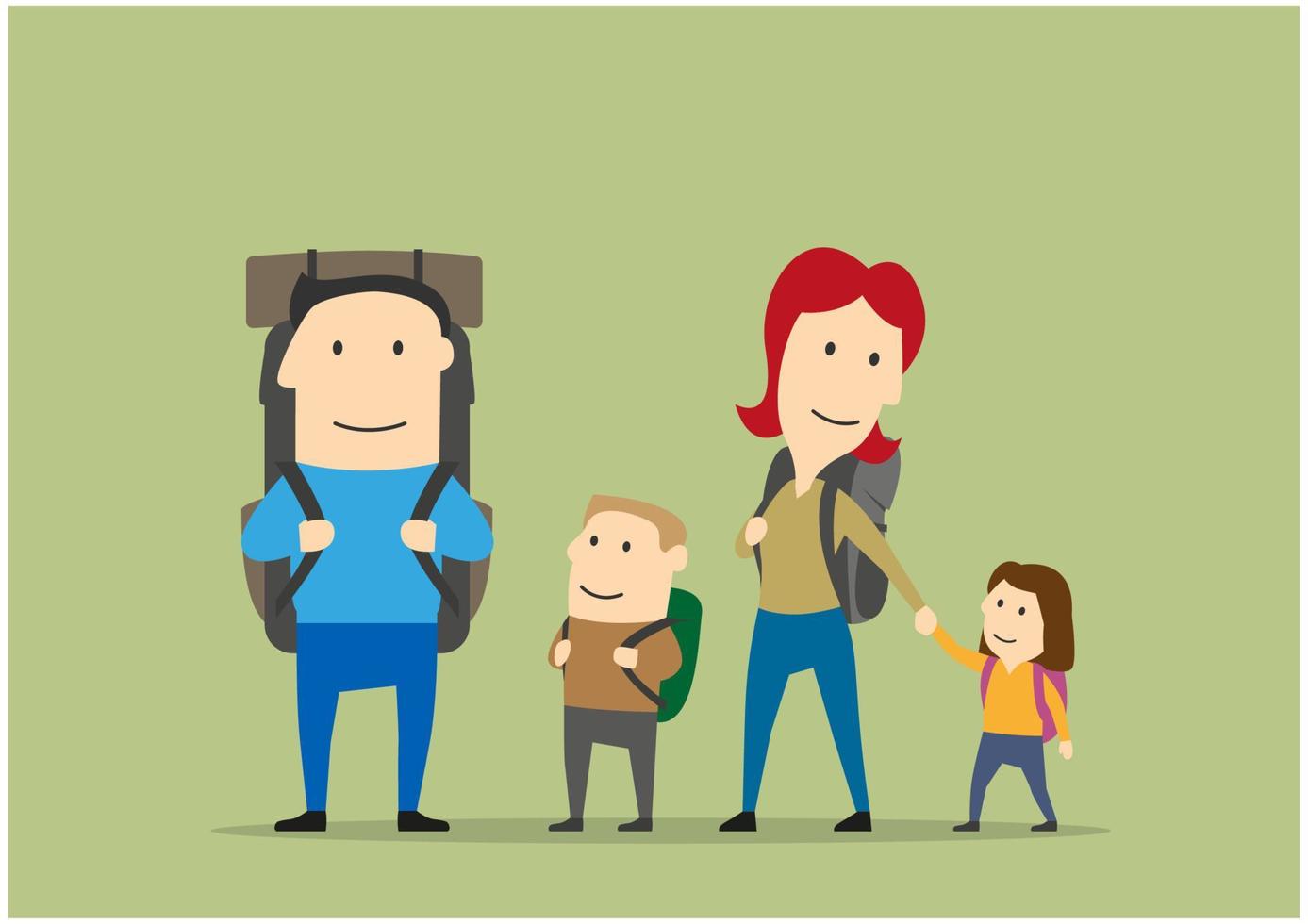 Family with backpacks. Parents and kids hiking vector