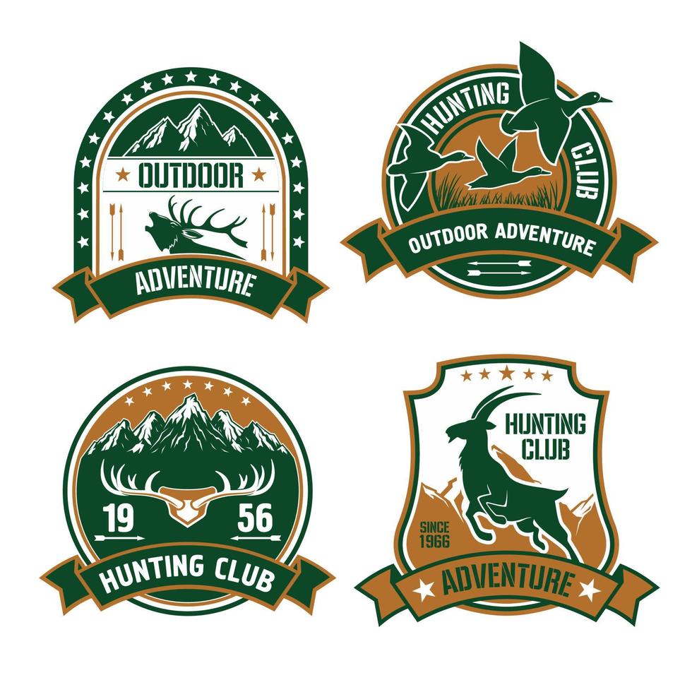 Hunting club shields icons set vector