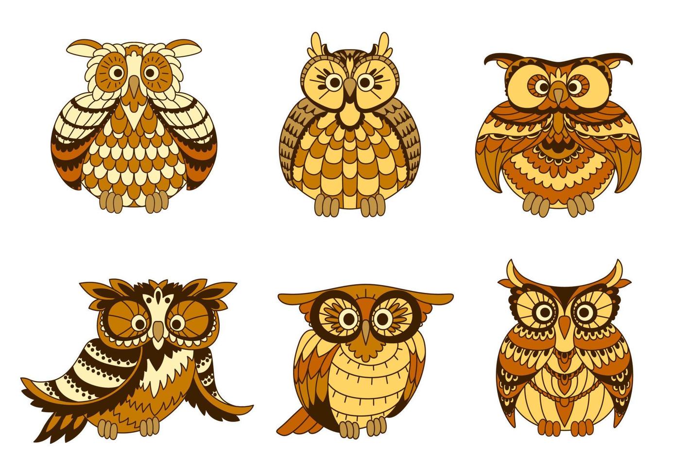 Cartoon owls with brown and orange plumage vector