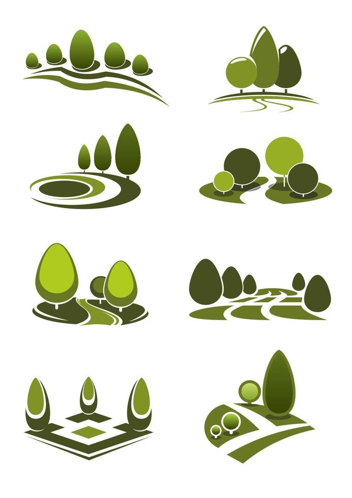 iconos verdes del paisaje del parque y del jardín vector
