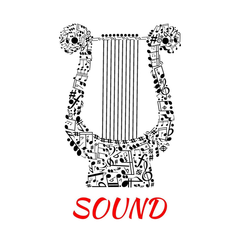 Notes and clefs in shape of lyre vector