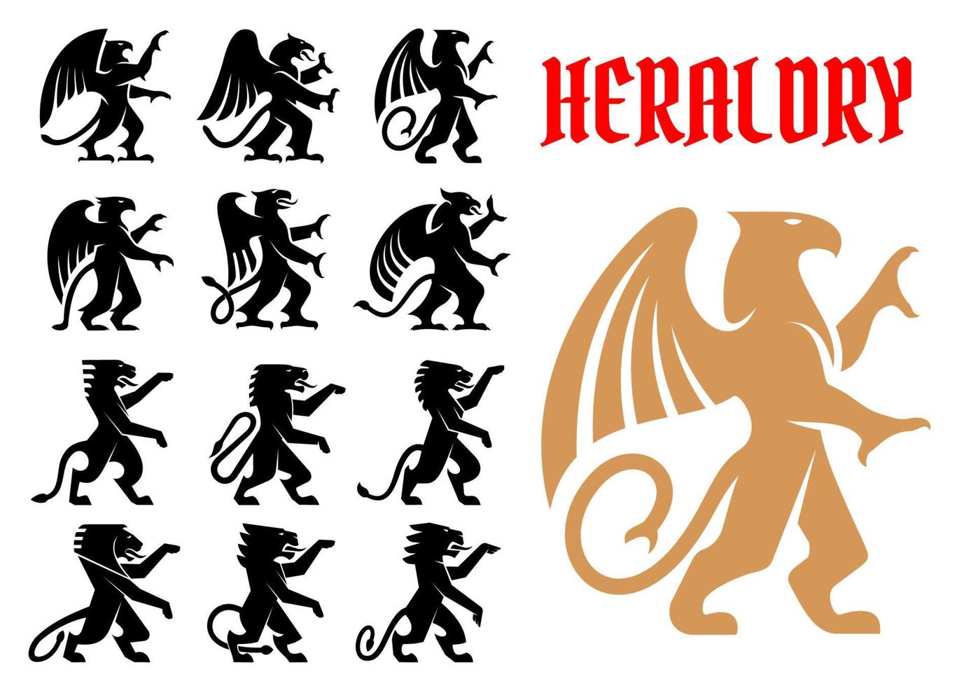 Heraldic mythical animals icons set vector