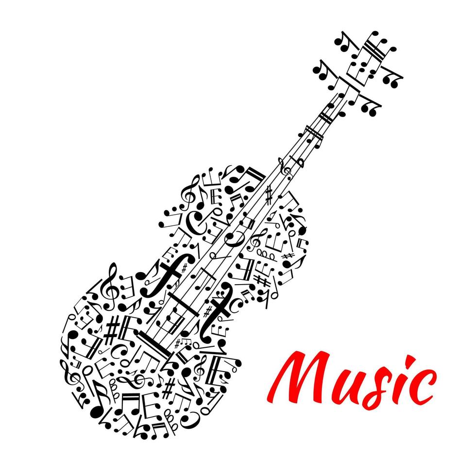 Musical notes and symbols shaped like a violin vector