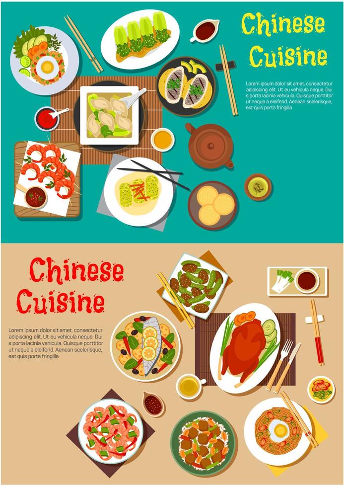 Healthy seafood and meat dishes of chinese cuisine vector
