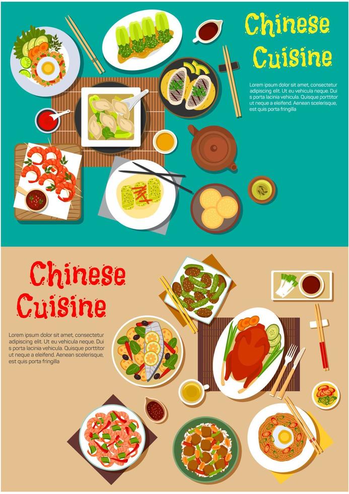 Healthy seafood and meat dishes of chinese cuisine vector