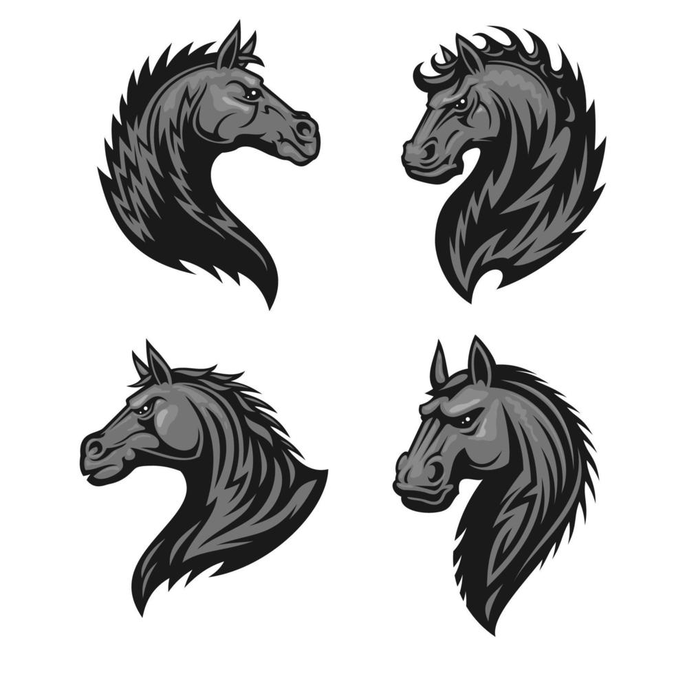 Raging stallion head heraldic icons set vector