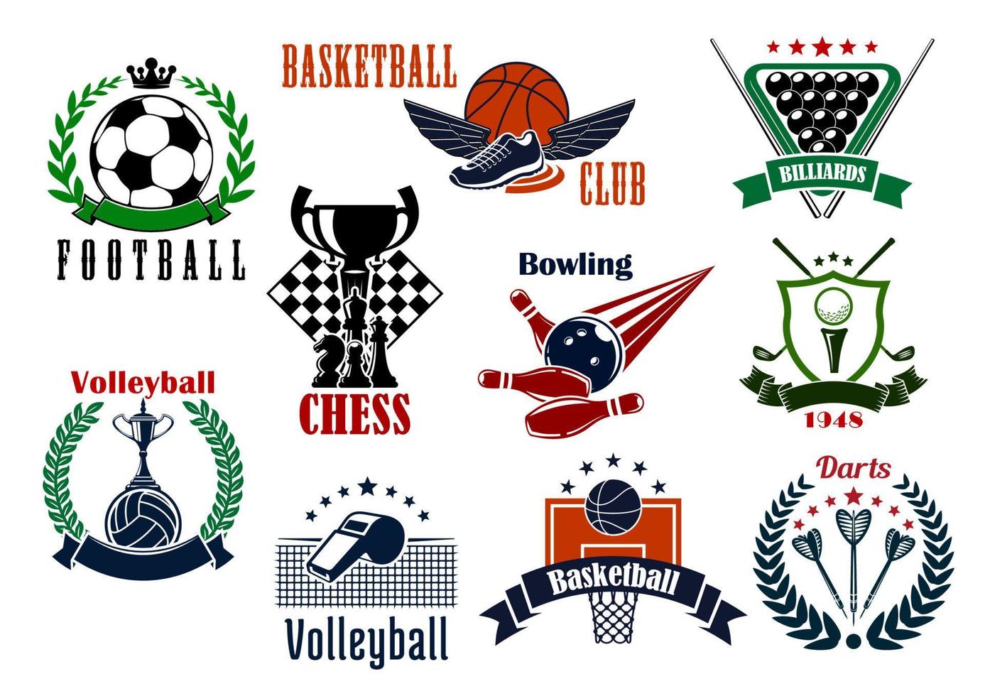 Sport games icons and heraldic emblems vector