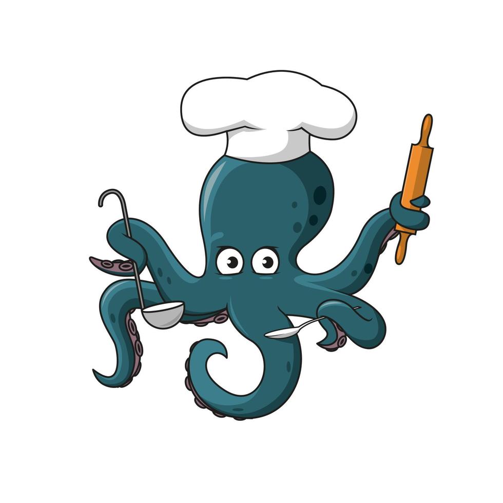 Octopus chef in white cook hat cartoon character vector