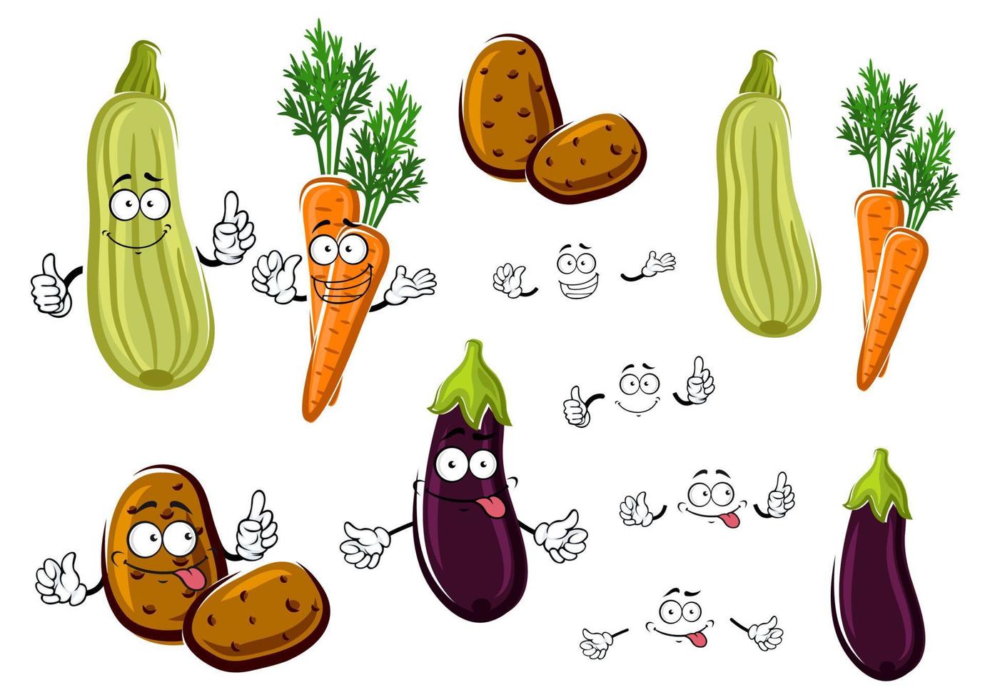 dibujos animados de berenjena, zanahorias, papas y calabacines vector