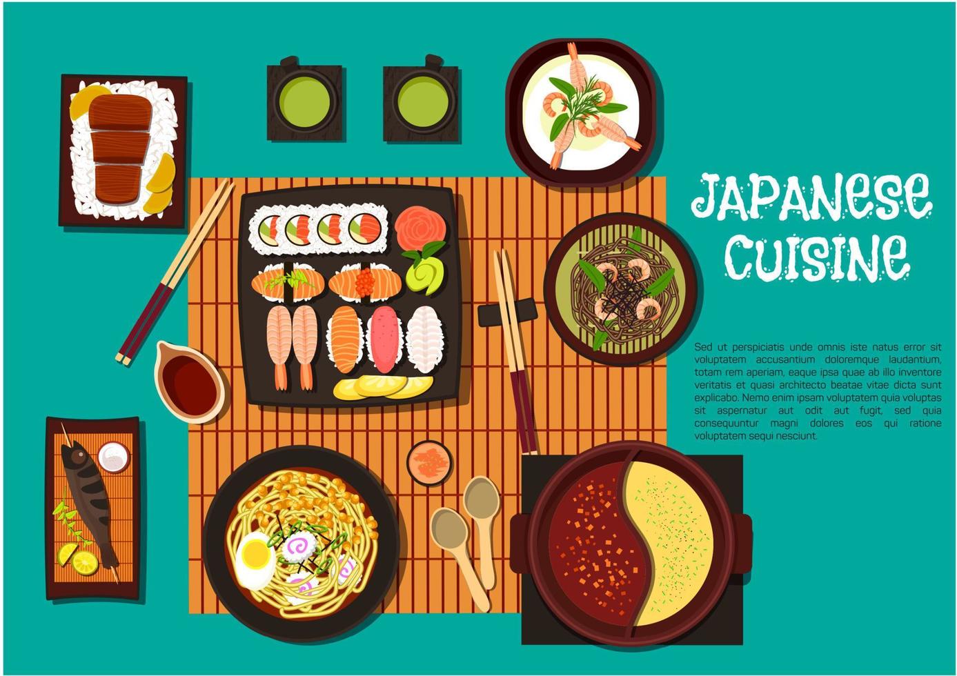 Japanese cuisine seafood dishes with hot pot icon vector
