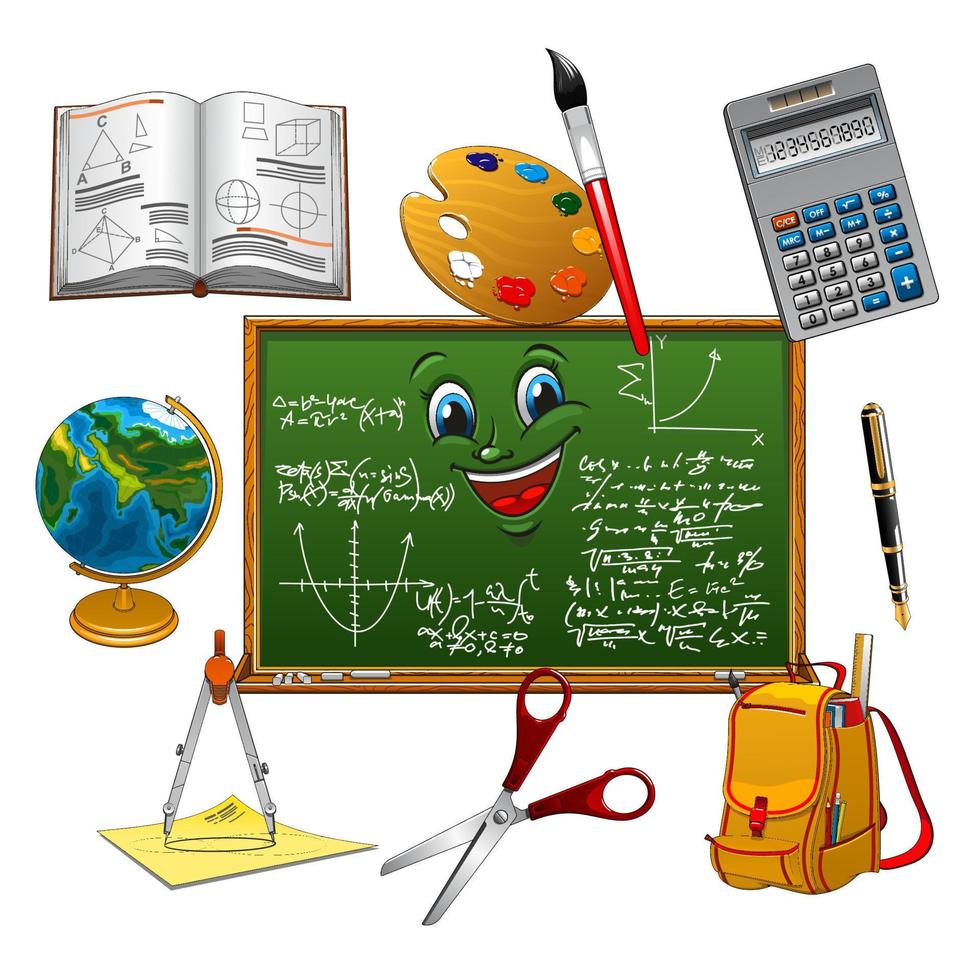 Blackboard cartoon character with school supplies vector