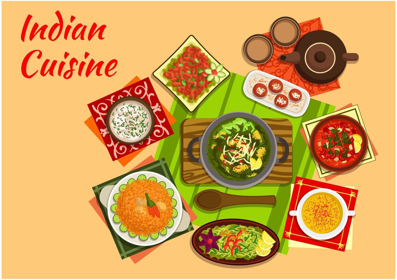 Indian cuisine menu with dishes and desserts vector