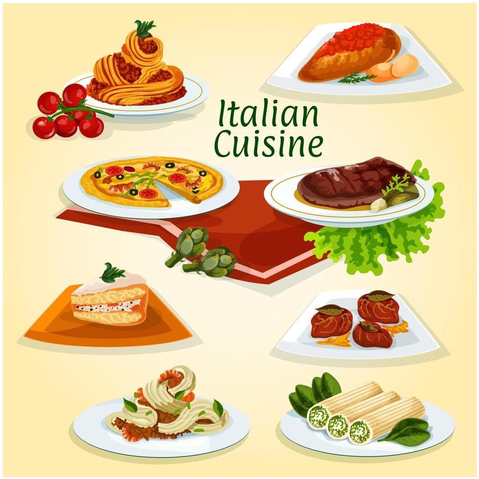 Italian cuisine dinner icon with popular dishes vector