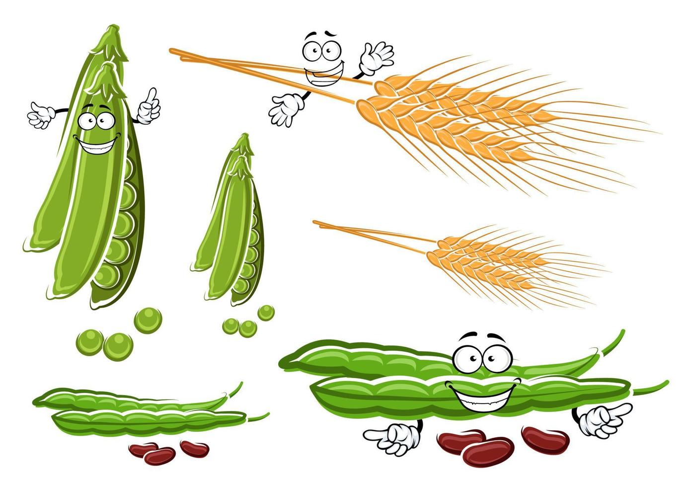 orejas de trigo, verduras frescas de guisantes y frijoles vector