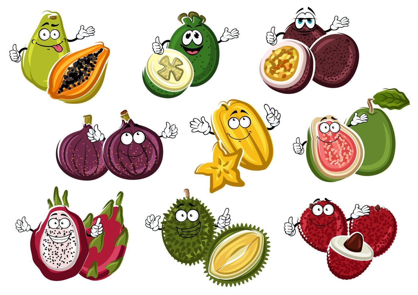 frutas de dibujos animados sonrientes y felices con las manos vector