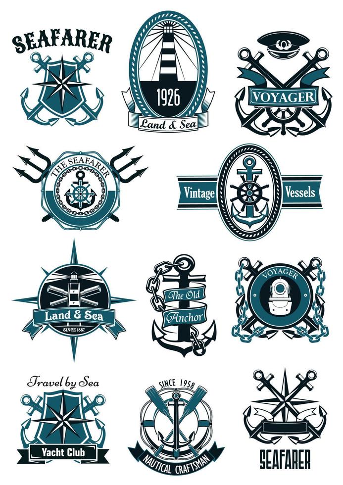 Vintage nautical badges with marine items vector