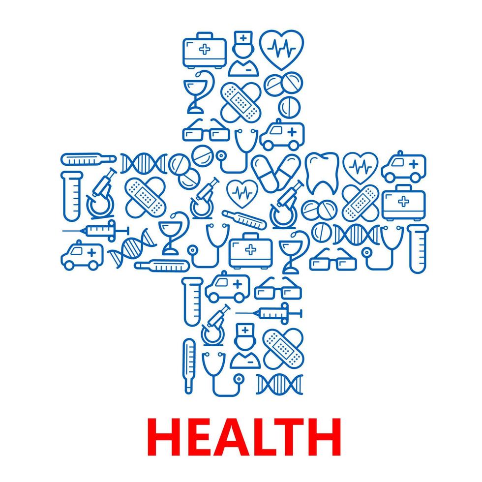 símbolo de cruz médica hecho de iconos de medicina azul vector