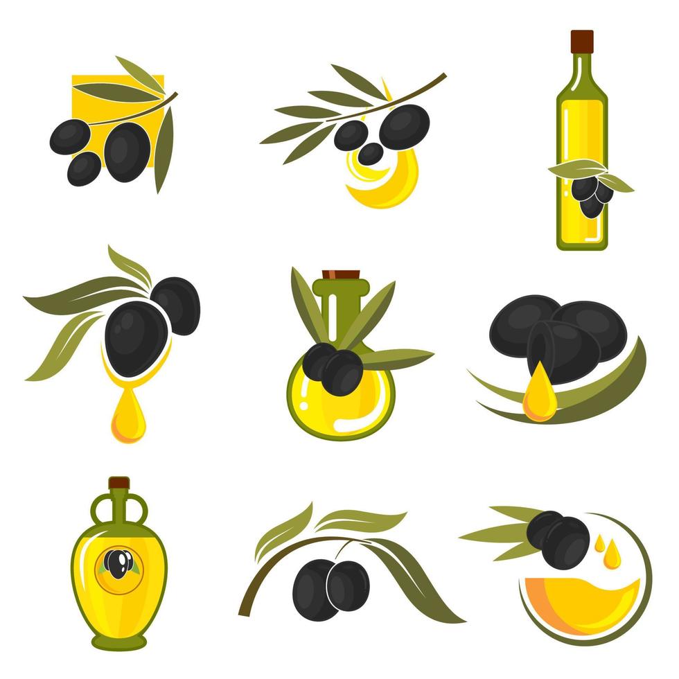 iconos de botellas de aceite y frutas de aceituna negra española vector