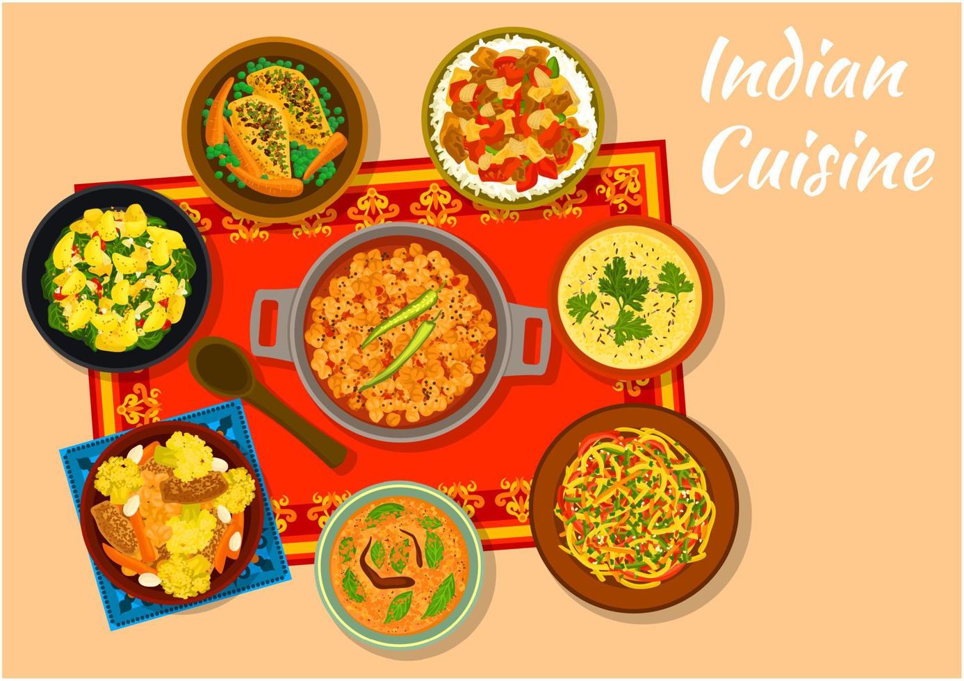 Indian cuisine spicy dishes for lunch menu design vector