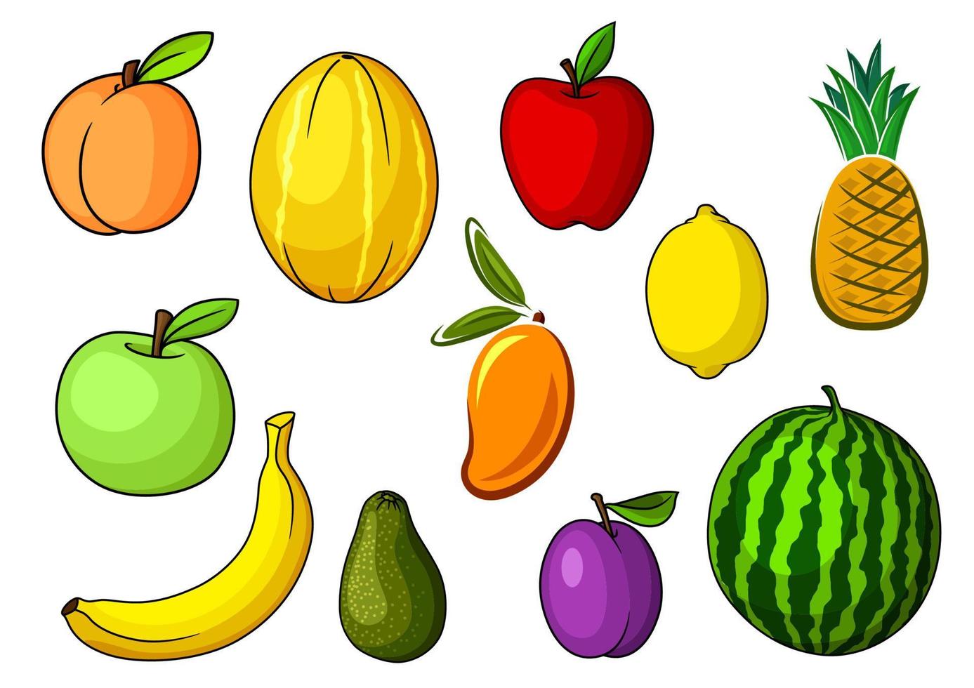 granja coloridas frutas dulces en estilo de dibujos animados vector