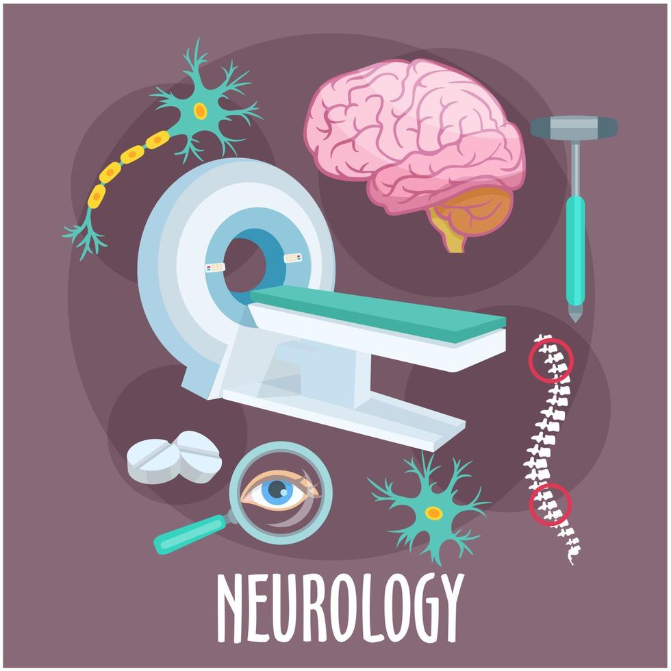 Neurology flat symbol with brain research icons vector