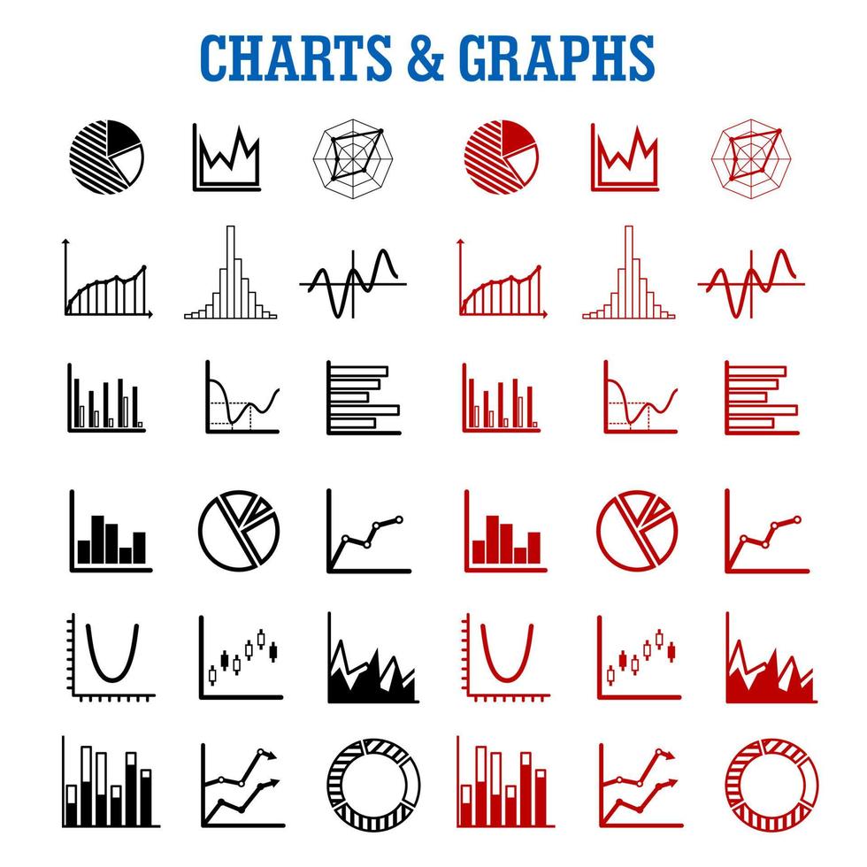 Black and red charts or graphs icons vector