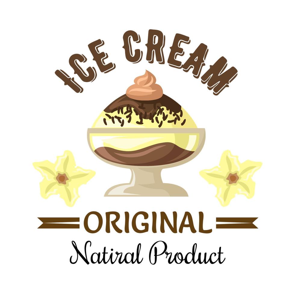 Vanilla and chocolate ice cream sundae badge vector