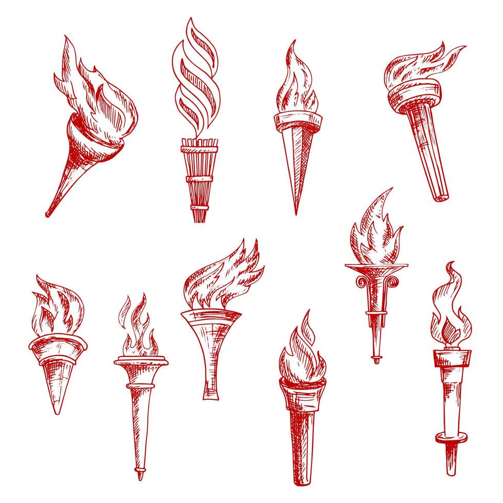 Red flaming torches sketch icons vector