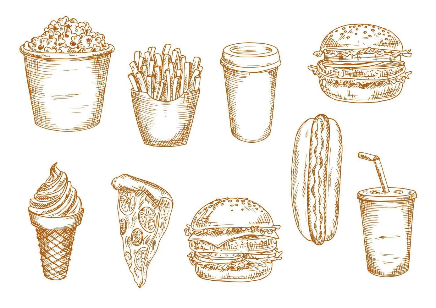 Fast food and desserts sketches vector