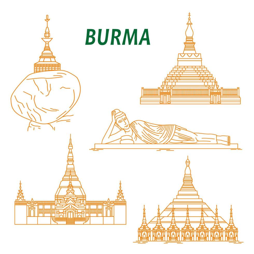 Ancient buddhist temples of Burma thin line icons vector