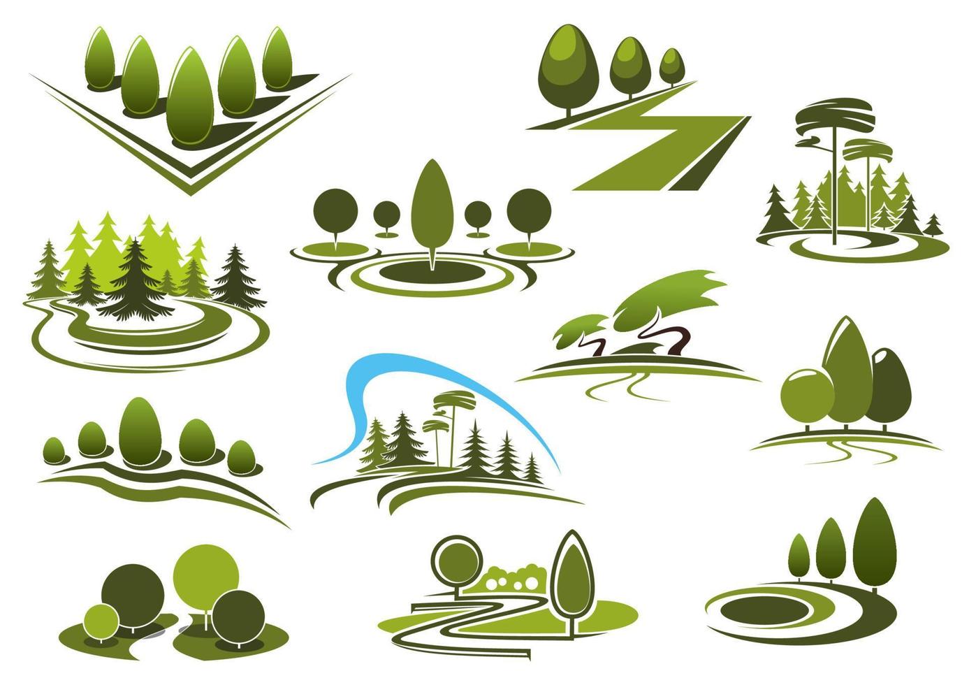 iconos verdes del paisaje del parque, del jardín y del bosque vector