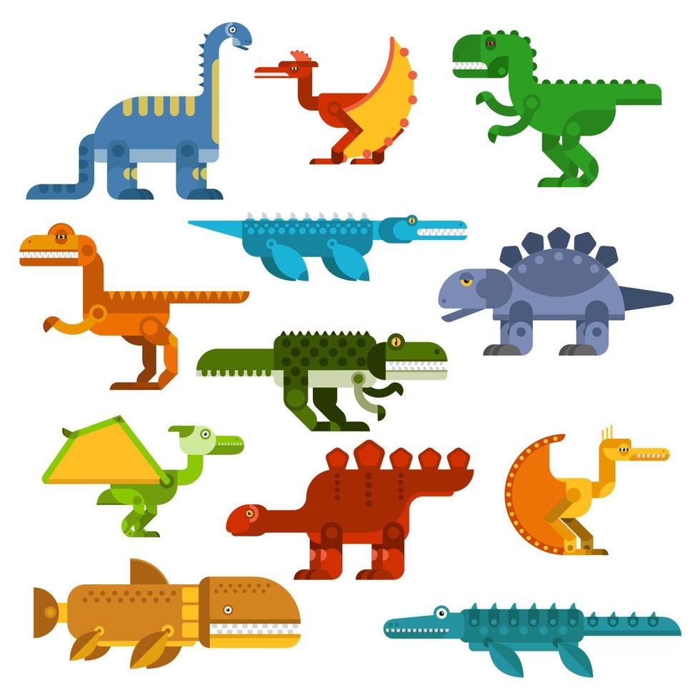 dinosaurios planos de dibujos animados y reptiles acuáticos vector