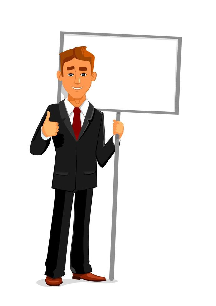 Businessman with an empty sign board and thumb up vector