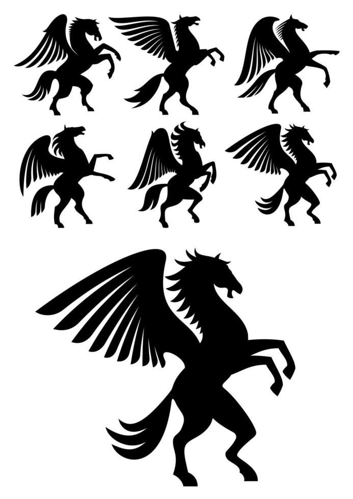 cría de caballos negros pegasos alados vector