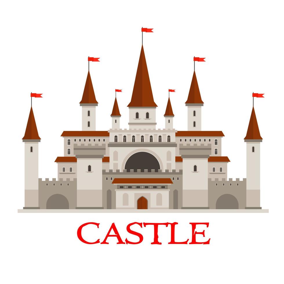 castillo medieval o fortaleza con icono de banderas rojas vector