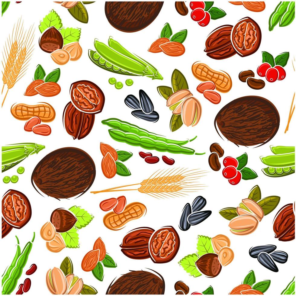 Seamless cartoon nuts, beans, seeds, wheat pattern vector