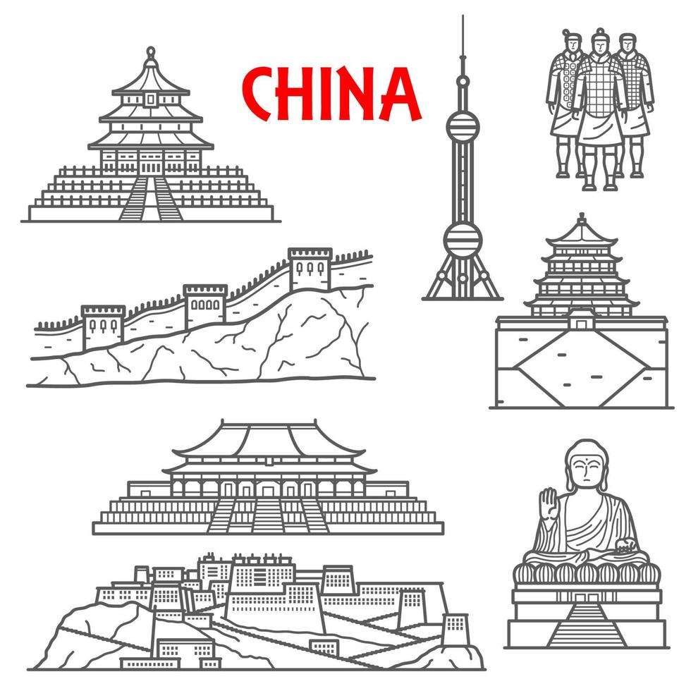 atracciones turísticas del icono de china, estilo de línea delgada vector