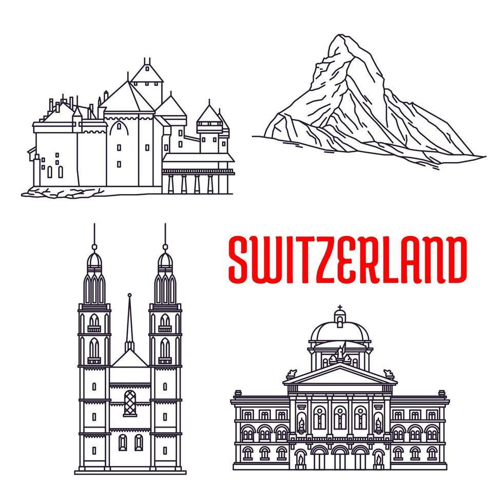 Historic buildings and sightseeings of Switzerland vector