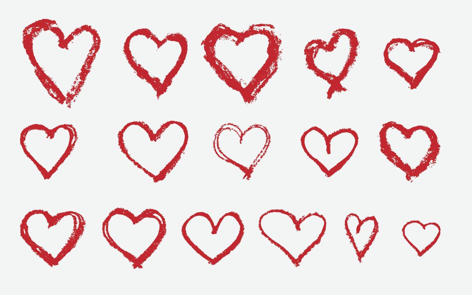 conjunto de crayón de cera vectorial rojo amor en forma de corazón aislado sobre fondo blanco, elementos de diseño de textura de pincel de pintura manual vectorial vector