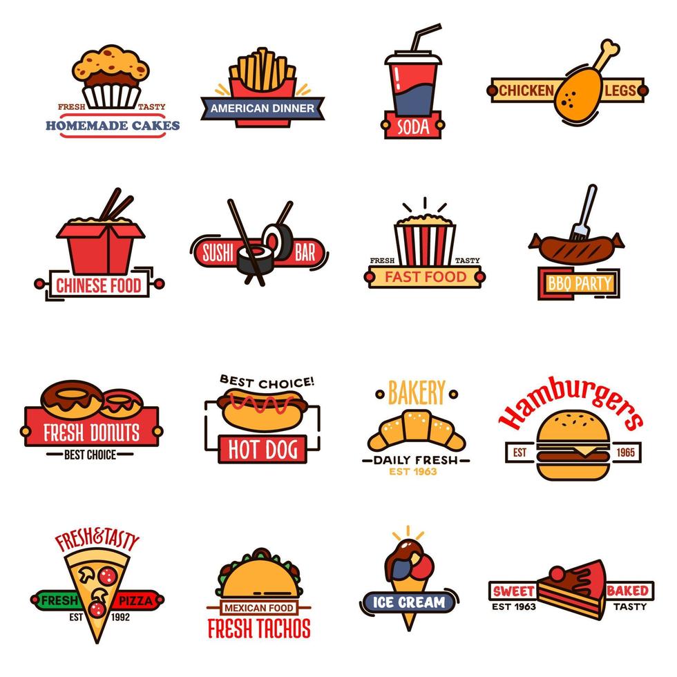 Fast food, bakery and sushi bar thin line icons vector