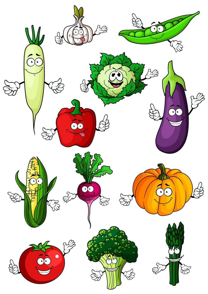 personajes de dibujos animados de vegetales orgánicos saludables vector