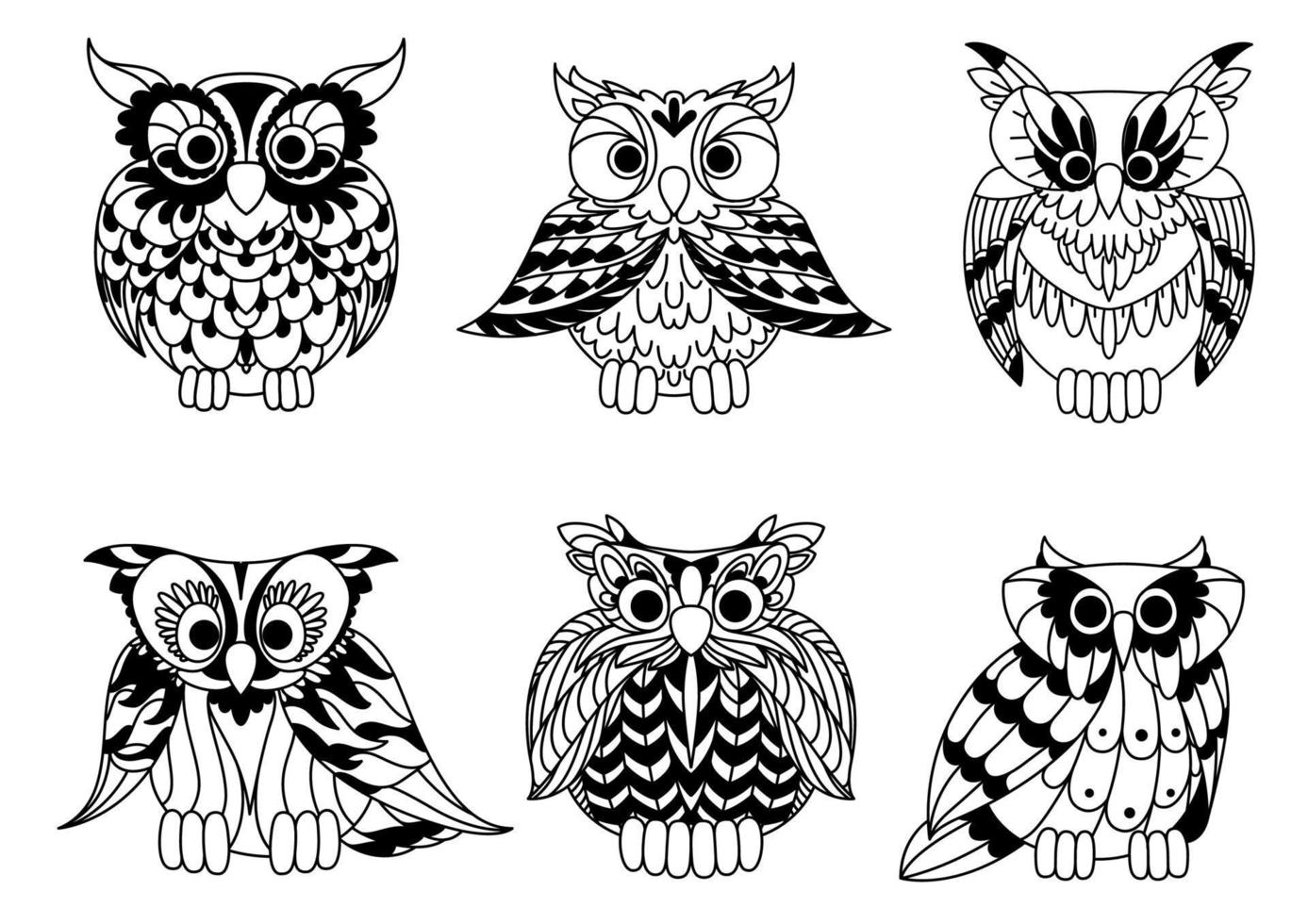 Cartoon outline owl birds set vector