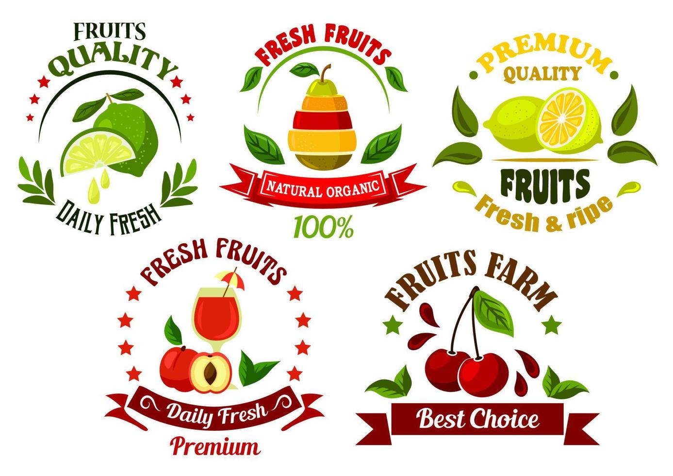 emblemas de alimentos orgánicos con frutas frescas y jugo vector