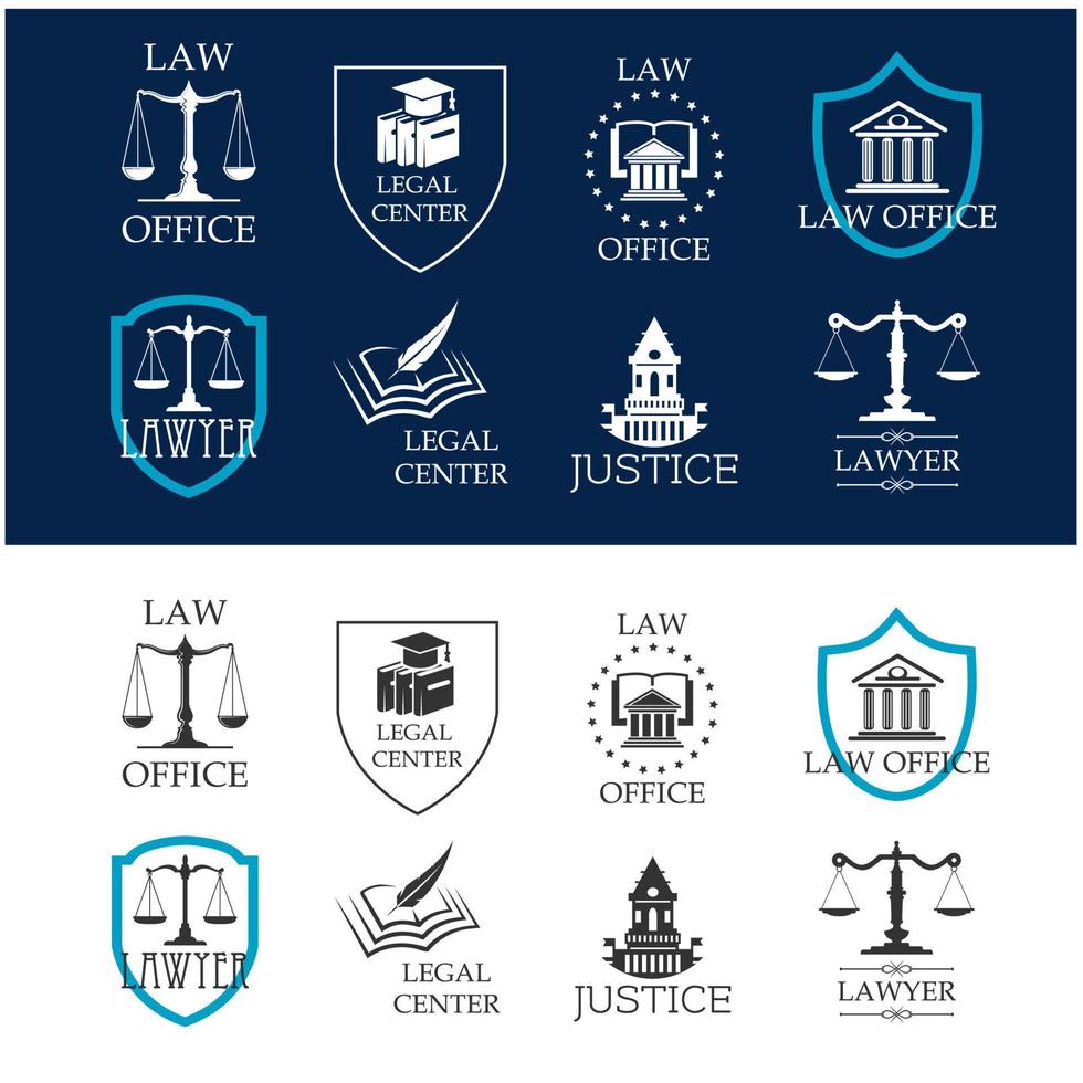 iconos de la justicia, la oficina de abogados y el centro legal vector