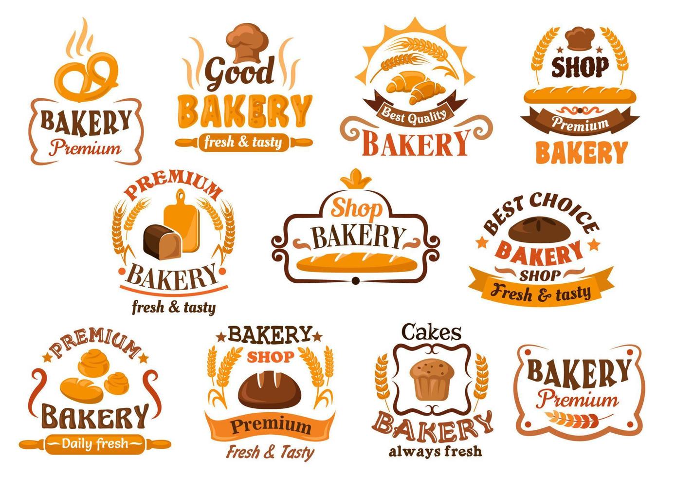 Bread, pastry and bakery shop icons or symbols vector